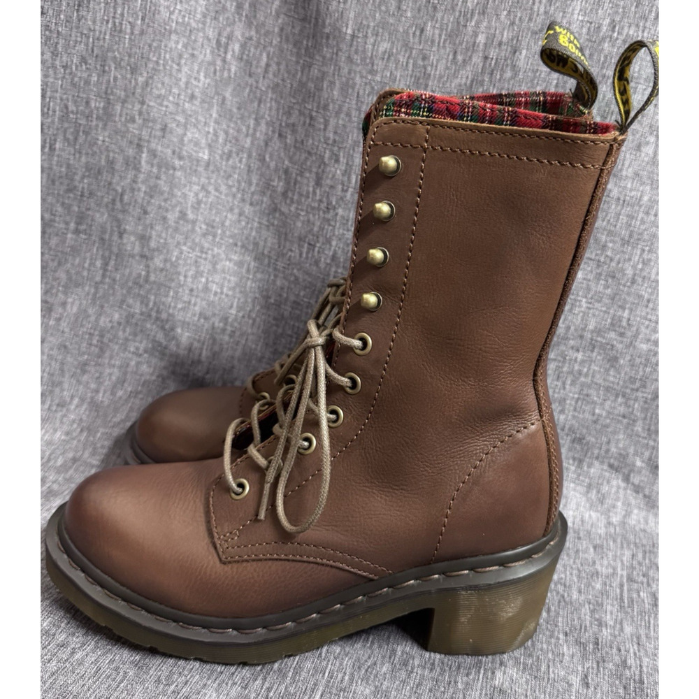 Dr. Martens Boots CASEY Brown Leather Plaid Airwair Rugged Laced Heel Size 6 - Picture 3 of 8